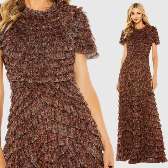 Mac Duggal Dresses & Skirts - $798‎ Mac Duggal 8042 Size 14 Brown Ruffle Tiered High Neck Long Maxi Dress Gown